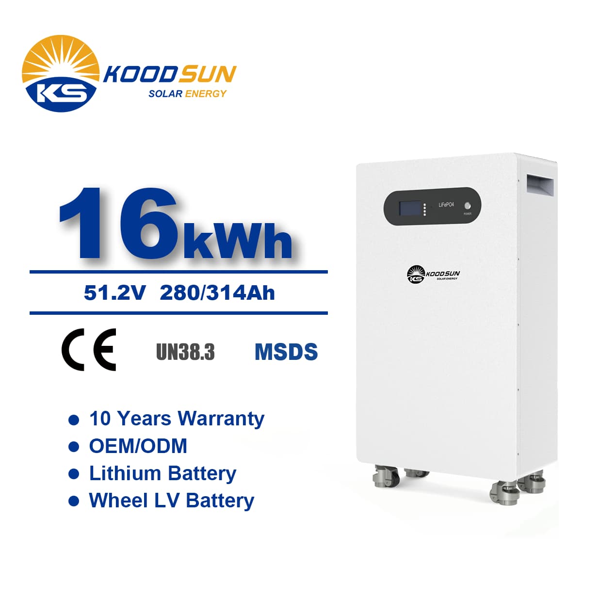 Koodsun 16kwh  Solar System with 51.2V 314Ah Low Voltage Lithium Battery Pack 280Ah Energy Storage Battery LiFePO4 - Koodsun
